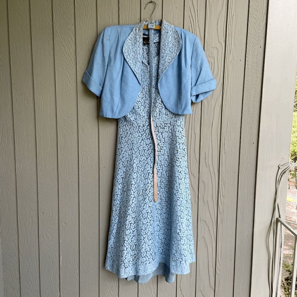 Authentic 1940s/1950s 4-piece Dusty Blue Lace Dress Set Bolero Jacket - SZ M